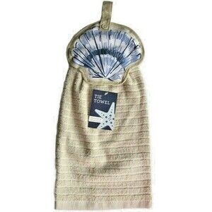 Shell Hanging Kitchen Dish Towel Set Of 2 Button Tie Beige Summer Beach House